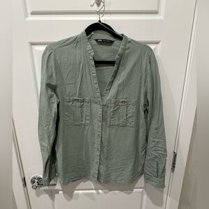 Zara Olive Green & Gold Linen Blend Button Front Top